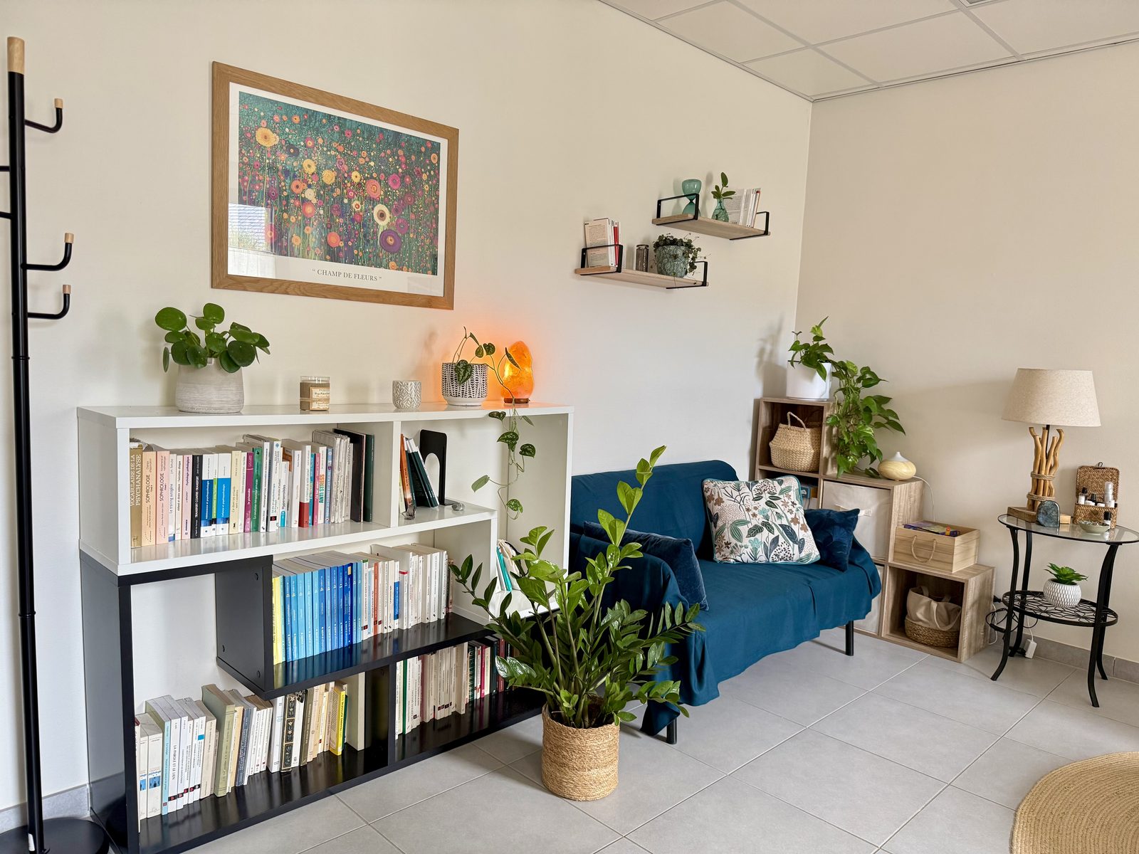Salle d'attente du cabinet de psychologie à Verrières-en-Anjou, bibliothèque et canapé
